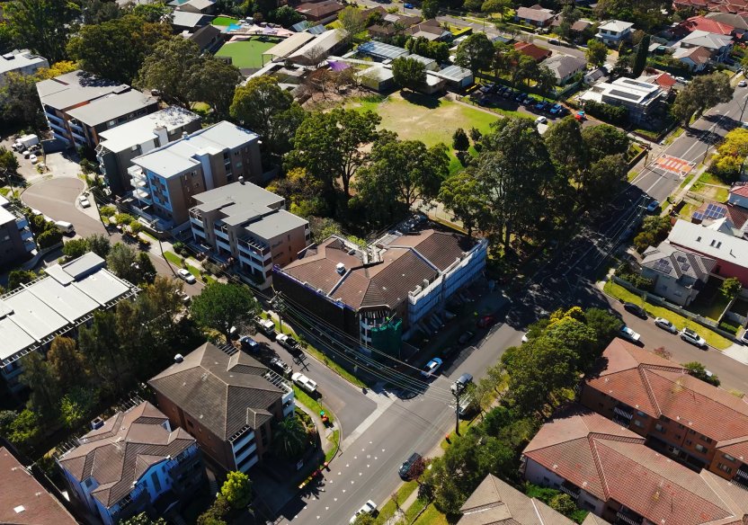 Aerial view of the remedial works site at 11-13 Calder Rd, Rydalmere